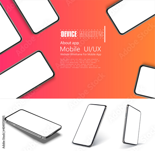 Realistic smartphone mockup. Device UI, UX mockup for presentation template. Cellphone frame with blank display isolated templates. Communication mean phone, modern gadget model presentation. Vector