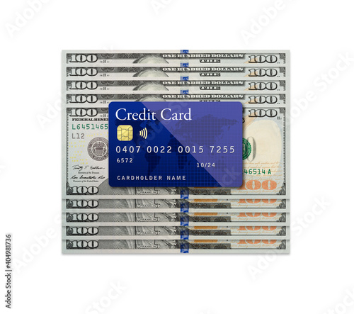 Mockup Blue Credit Card Resting on One Hundred Dollar Bills on White Background