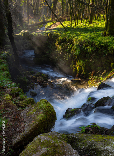 Ancient Roman Path with a Bridge and a Waterfall  Povoa de Lanhoso  Portugal.