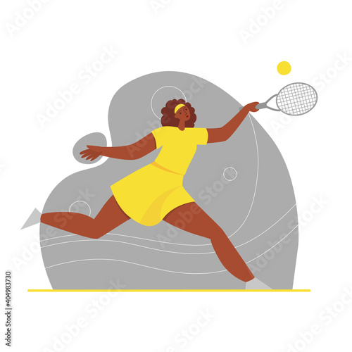 Afro american woman play tennis in yellow sport clothes, people for your web design.