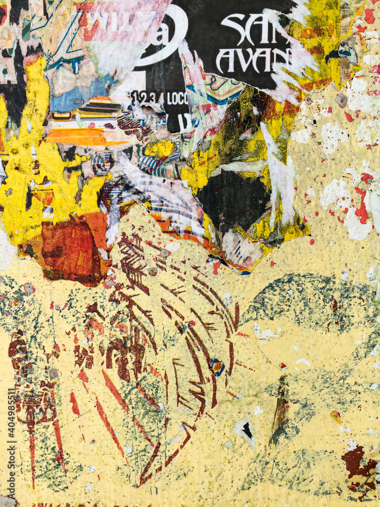 Fototapeta premium Yelow wall texture that forms a collage with old, torn, scratched