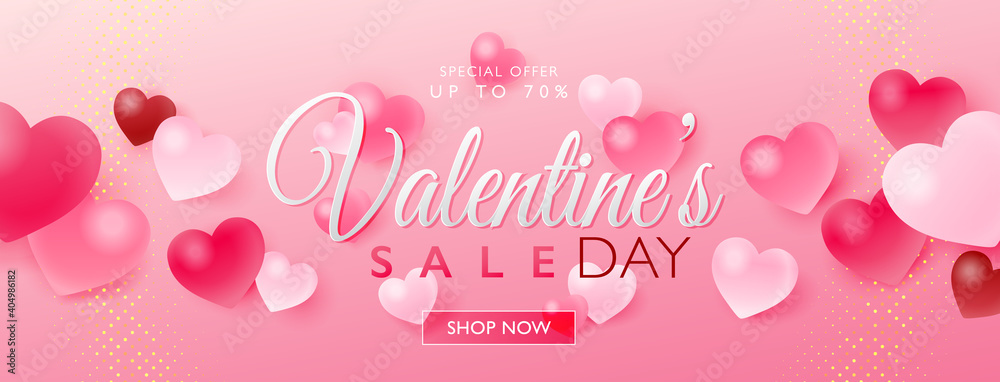 Valentine's day sale concept, seasonal marketing design banner with heart shaped bauble on bokeh pink background. Vector illustration template.
