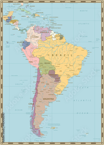 South America Political Map. Old colors