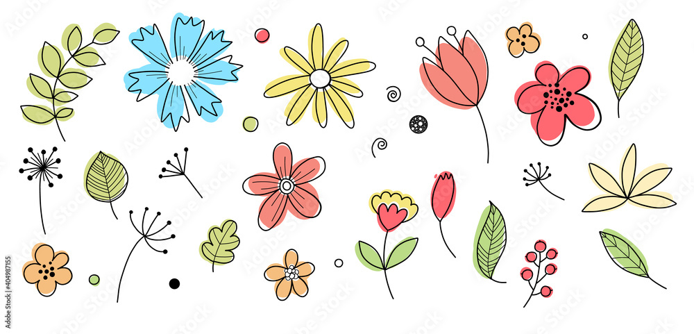Flower graphic design. Vector set of floral elements with hand drawn flowers. For your web design.