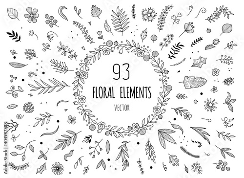 Hand sketched vector vintage elements laurels, leaves, flowers, swirls and feathers. Wild and free. Perfect for invitations, greeting cards, quotes, blogs, Wedding Frames, posters.