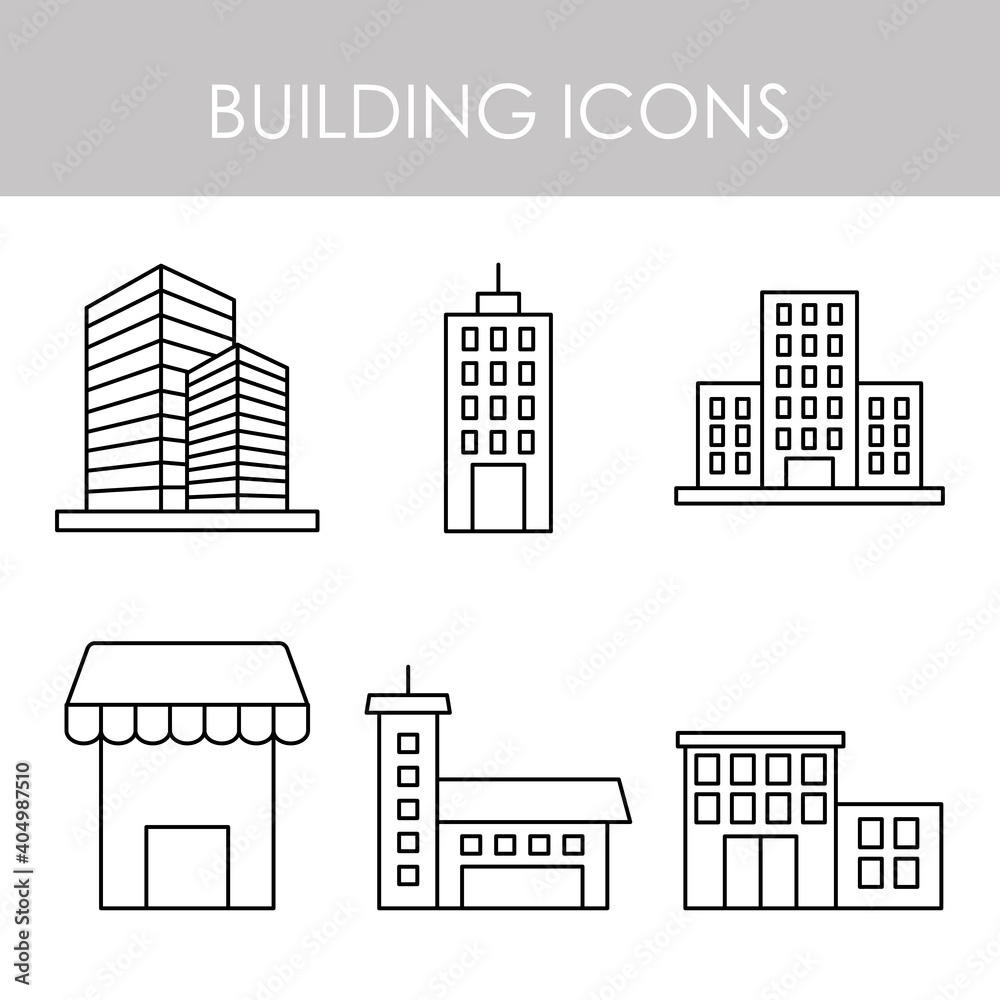city buildings icon set, line style