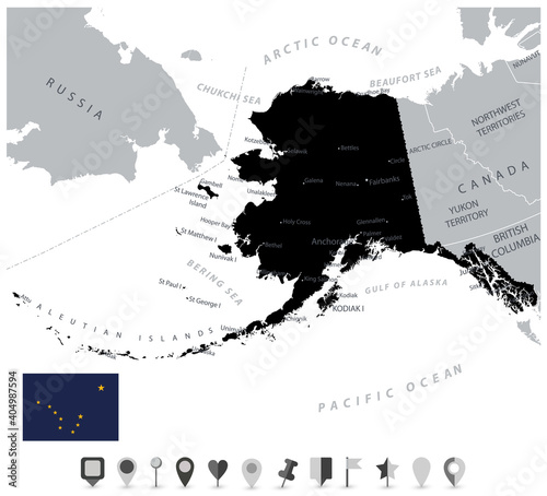 Black Color Alaska Map and Flat Map Icons