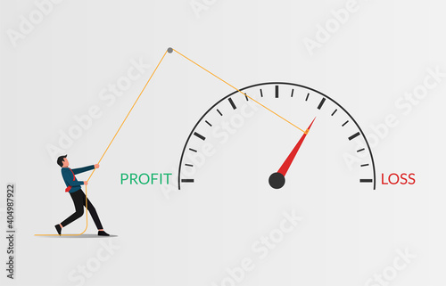 Prevent business loss strategy vector illustration. Businessman pulling pointer meter "loss" to "profit" concept.