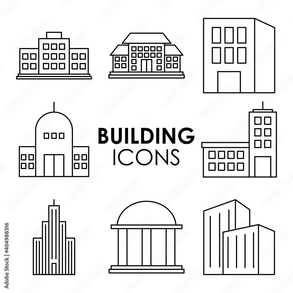 city buildings icons collection, line style
