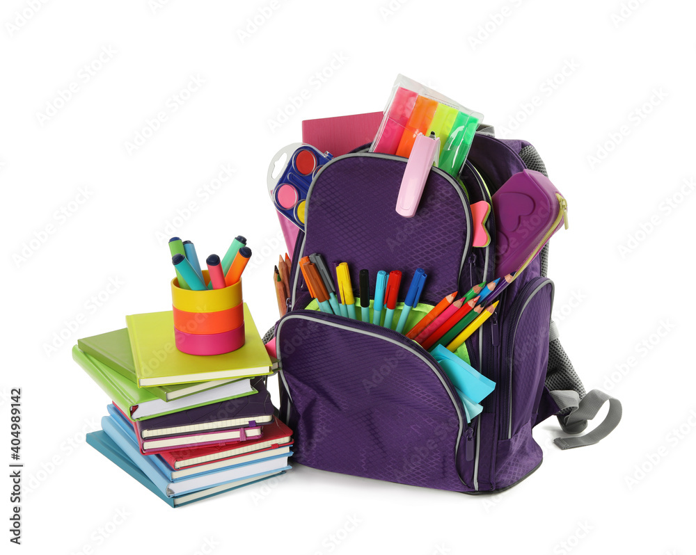 Purple backpack with different school stationery on white background - obrazy, fototapety, plakaty 