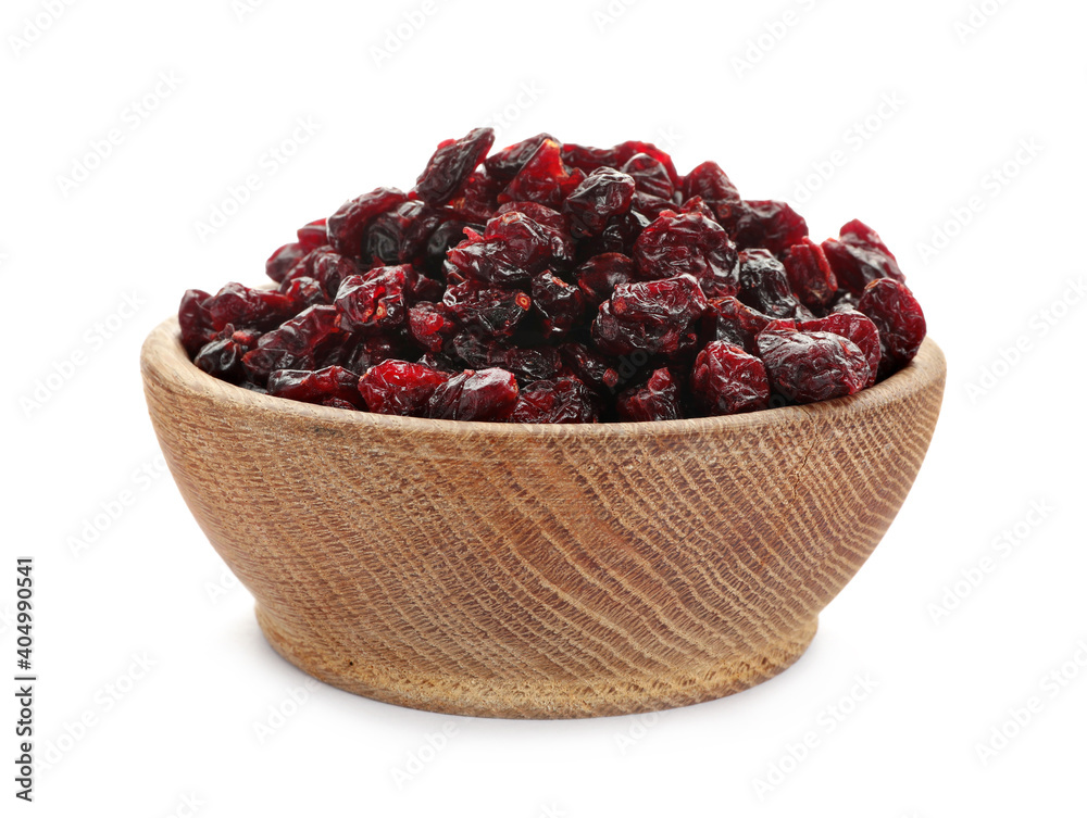 Tasty dried cranberries in wooden bowl isolated on white Tasty dried cranberries in wooden bowl isolated on white