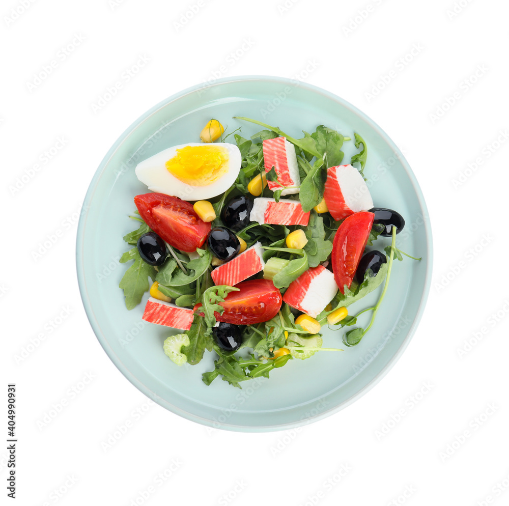 Tasty crab stick salad isolated on white, top view