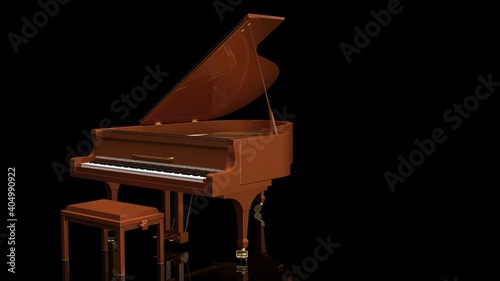 Orange Grand Piano under black background. 3D illustration. 3D high quality rendering. 3D CG.