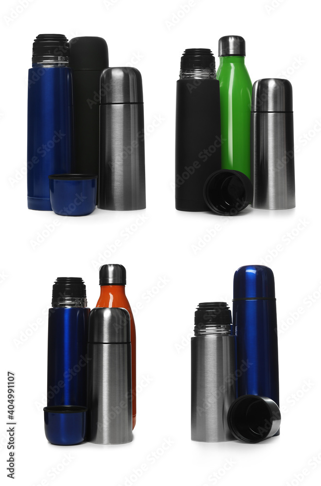 Set with modern thermoses isolated on white Set with modern thermoses isolated on white