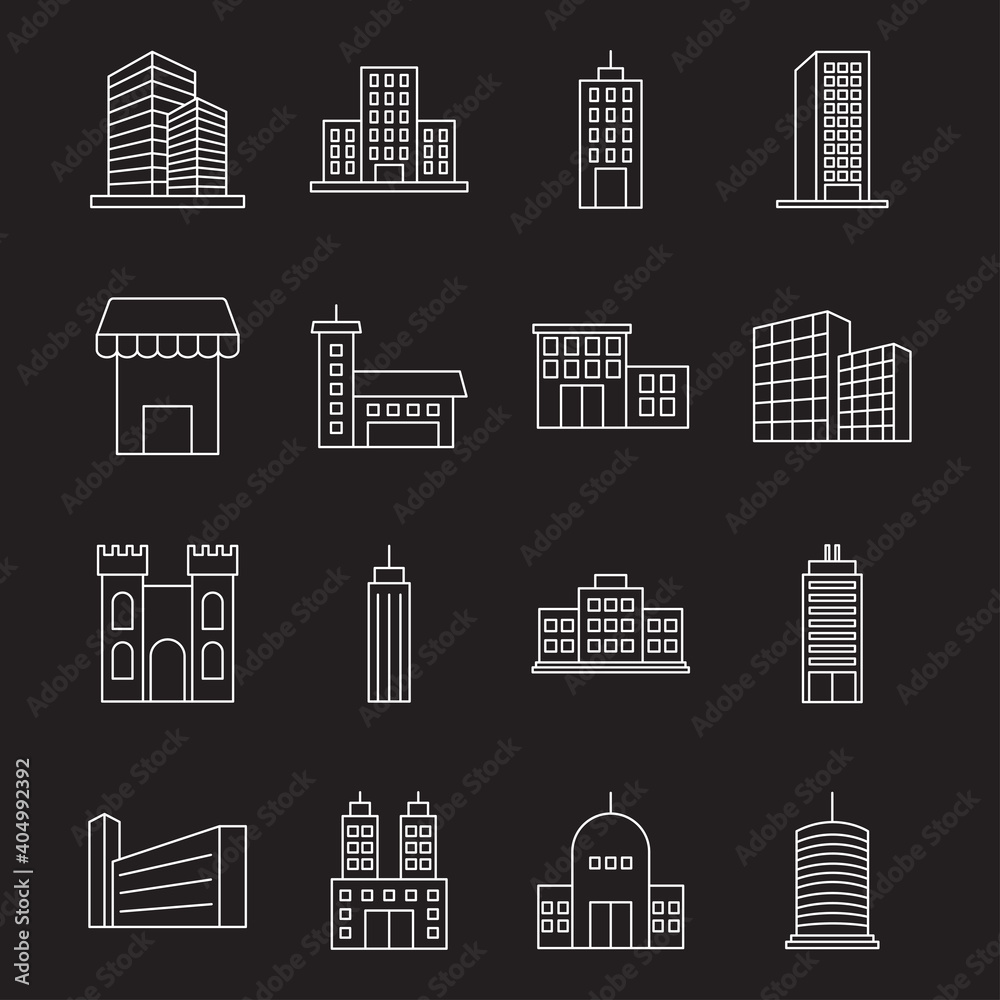 city urban buildings icon set, line style