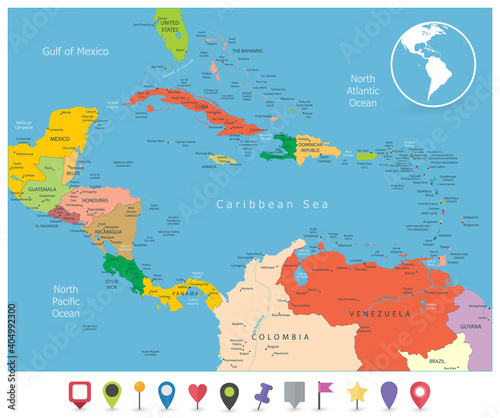 Political Map of the Caribbean and flat icons