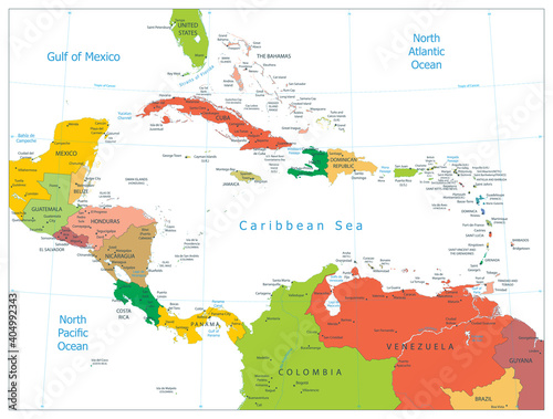 Political Map of the Caribbean isolated on white