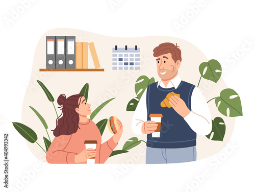Young man woman have a business lunch time at office. Flat people dining, having a coffee break together concept. Smiling characters eating meal sandwich croissant coffee. Cartoon vector illustration
