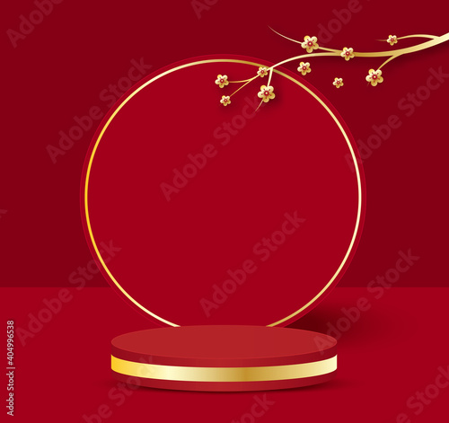 3D illustration Chinese New Year red and golden theme product display podium with branch of flower