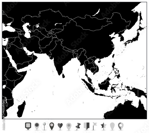South Asia Map Black Color and Flat Map Pointers