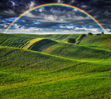 Scenic view of rainbow over green field