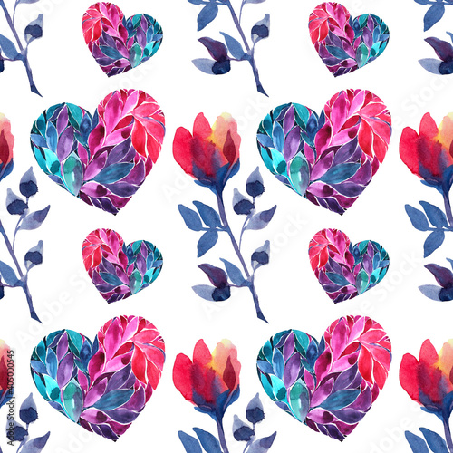 Seamless pattern watercolor pink  red  blue hearts with leaves and flower on white. Brushstroke creative background for valentine s day  card  celebration  wedding  wallpaper  wrapping