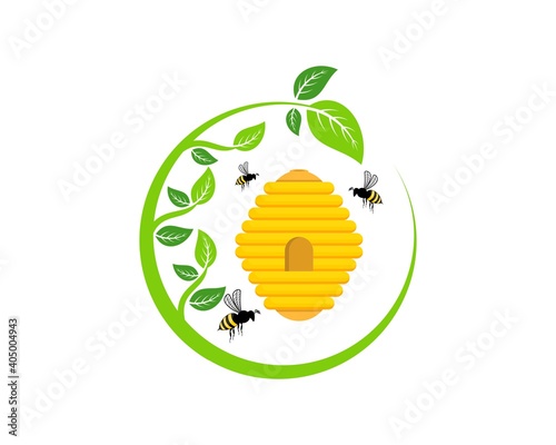 Circular nature leaf with flying bee and hive