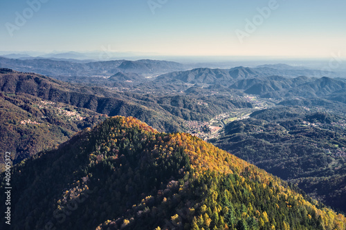 Aerial view of many colorful trees on the hills in Trivero, Piedmont, Italy. photo