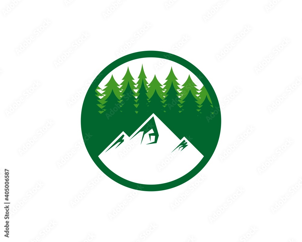 Circle shape with pine forest and mountain Circle shape with pine forest and mountain