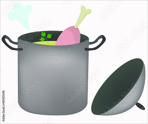A casserole with a boiled meat and soup.