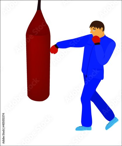 A sportsman pounding punching bag for hand-to-hand combat.
