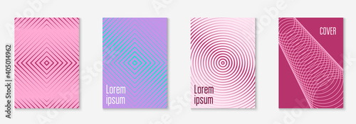 Set brochure. Minimalistic mobile screen, booklet, wallpaper, notebook layout. Purple and turquoise. Set brochure as minimalist trendy cover. Line geometric element.
