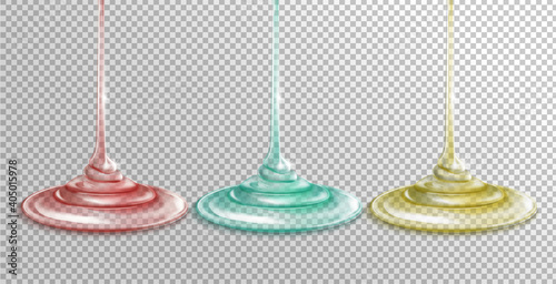 Set three Squeezed Transparent Gel drips off shape. Form of dishwashing and cleaning gel on a transparent background. Realistic vector