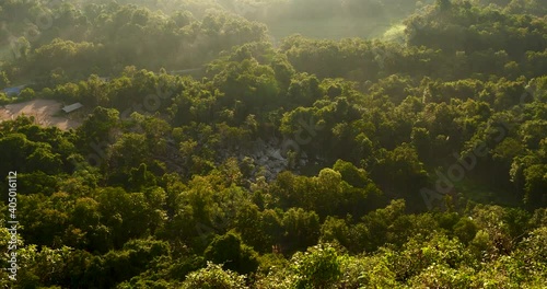 Mountain landscape foggy winndy range mountain green landscape asian farm. Beautiful landscape mountain green field meadow white cloud blue sky on sunrise. Countryside sun light heaven amazing view photo