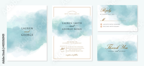 wedding invitation set with abstract blue background photo