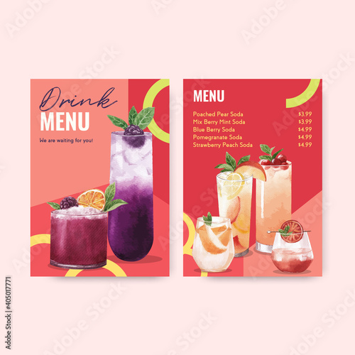 Soda drink menu template for cafe and bistro watercolor vector illustration