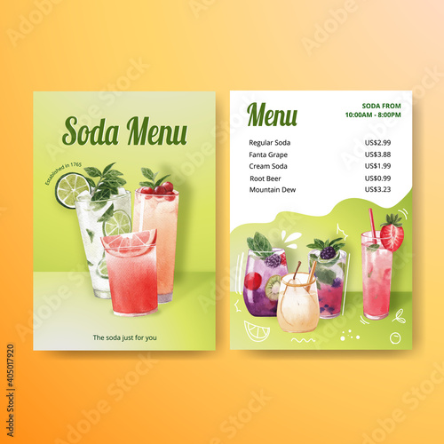 Soda drink menu template for cafe and bistro watercolor vector illustration
