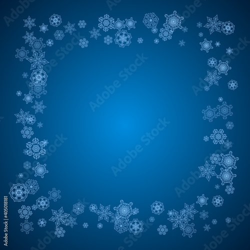 New Year snowflakes on blue background with sparkles. Winter theme. Christmas and New Year snowflakes falling. For season sales  special offer  banners  cards  party invites  flyer. White frosty snow