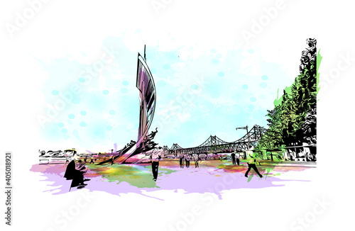 Building view with landmark of Dandong is the
city in China. Watercolour splash with hand drawn sketch illustration in vector. photo