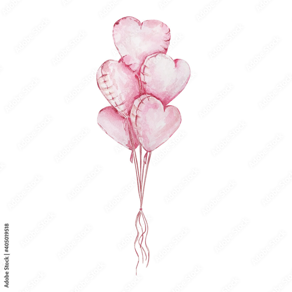 Watercolor hand drawn balloons with pink hearts