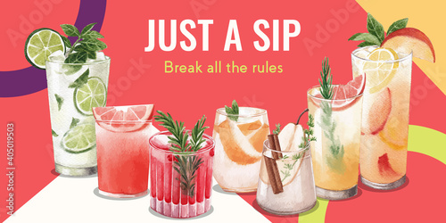 Soda drink with twister template design for online marketing watercolor vector illustration