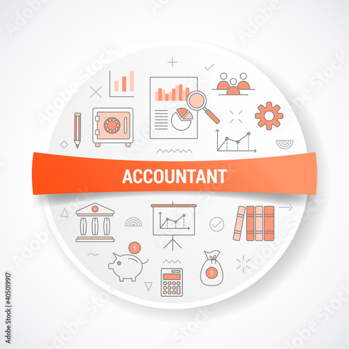 accountant with icon concept with round or circle shape