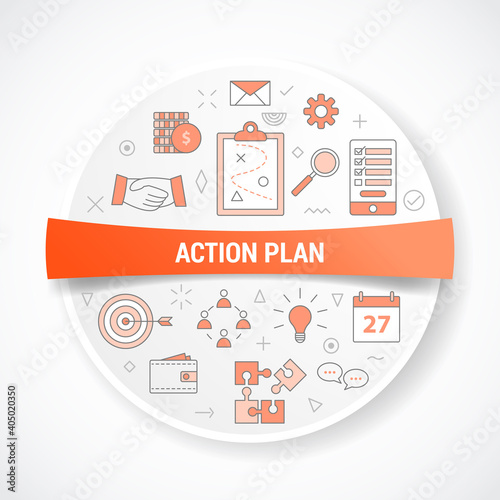 business action plan with icon concept with round or circle shape