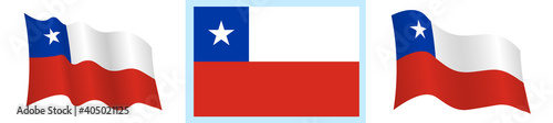 Chile flag in static position and in motion, fluttering in wind in exact colors and sizes, on white background