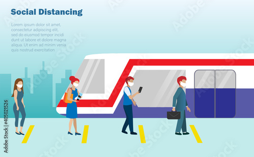 New normal, social distancing concept. Passenger queuing in line at metro train,mass transportation, wearing face mask keeping distance to protect from COVID-19 coronavirus pandemic.