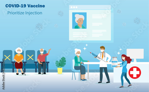 Doctor injecting covid-19 coronavirus vaccine to senior elderly people with patient information background. Idea for prioritize injecting Covid-19 vaccination to old aged citizens. 