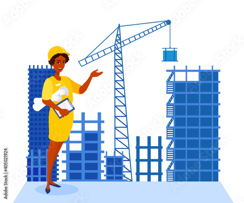Woman architect, engineer showing on construction site with buildings by her hand. Female builder wears hardhat, hold blueprint project. Skyscrapers under construction. A vector cartoon illustration.