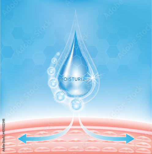 Moisturizing cosmetic ads template, cosmetic mockup with sparkling water drop over blue background. Vector EPS10