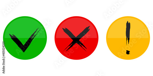 Multi-colored buttons. Cross, exclamation mark, check mark. Keys for web design. Stock image. EPS 10.