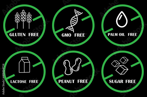 Flat set with green gluten free sugar. Healthy lifestyle. Black background. Stock image. EPS 10.